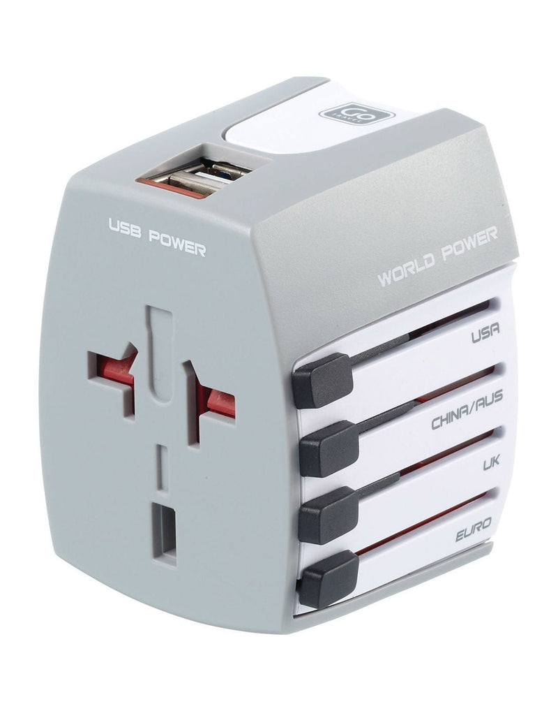 Go Travel Worldwide USB Adapter, front angled view of sockets and slider buttons on side