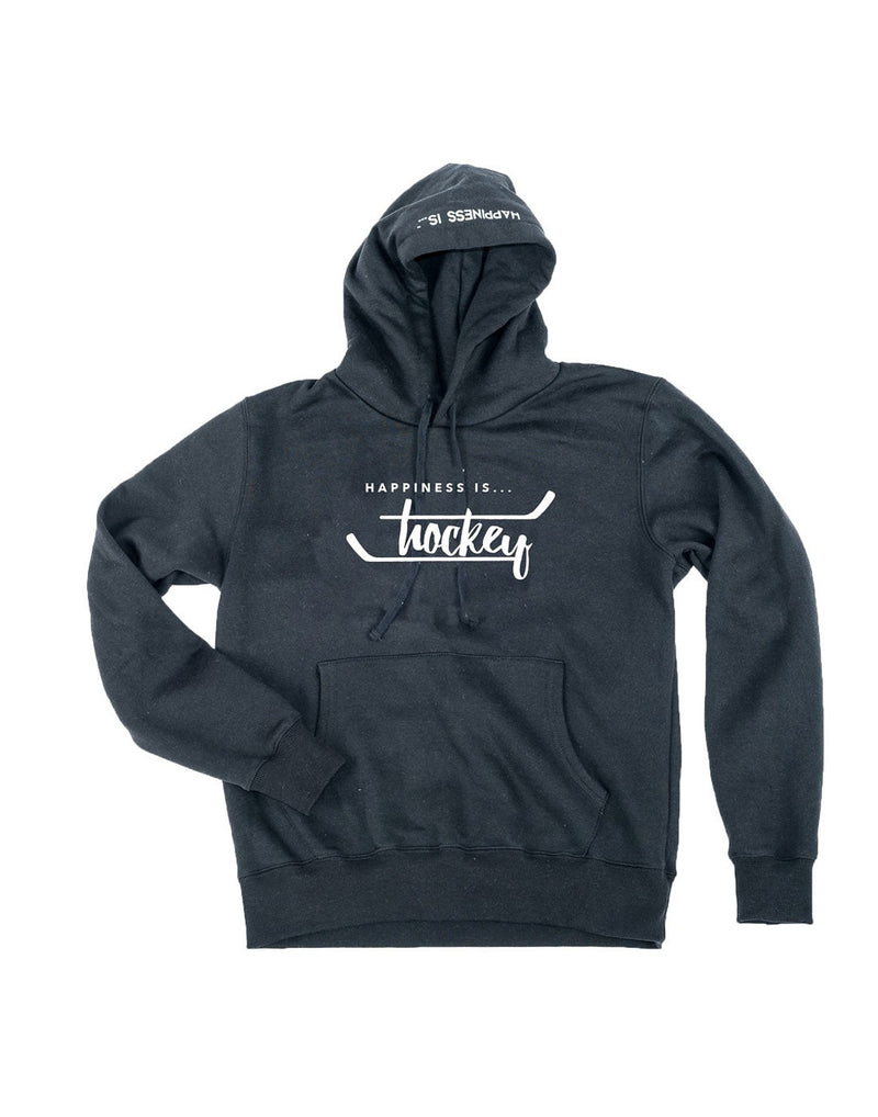 Happiness Is...Hockey Unisex Hoodie in jet black, front view with kangaroo pocket and "Happiness Is..." written on top of hood