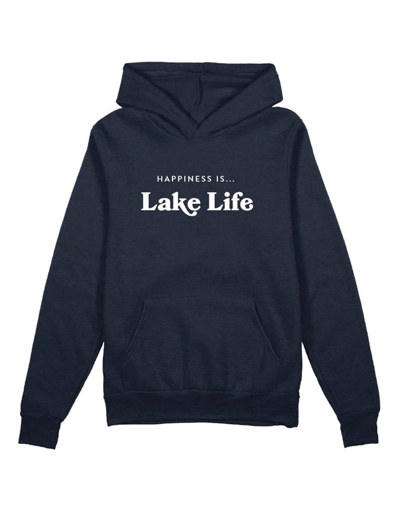 Happiness Is...Lake Life 'Special K' Unisex Hoodie in navy with white writing across chest that reads Happiness Is...Lake Life, front view