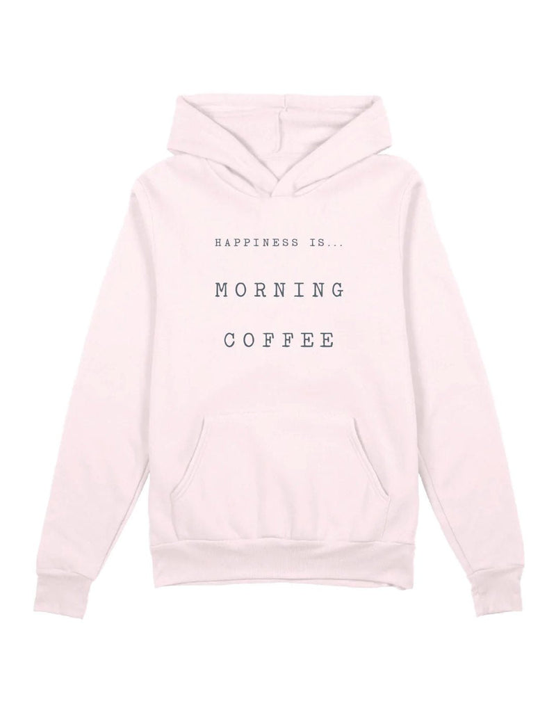 Happiness Is...Morning Coffee Unisex Crew Hoodie in ballet pink with dark grey lettering, front view