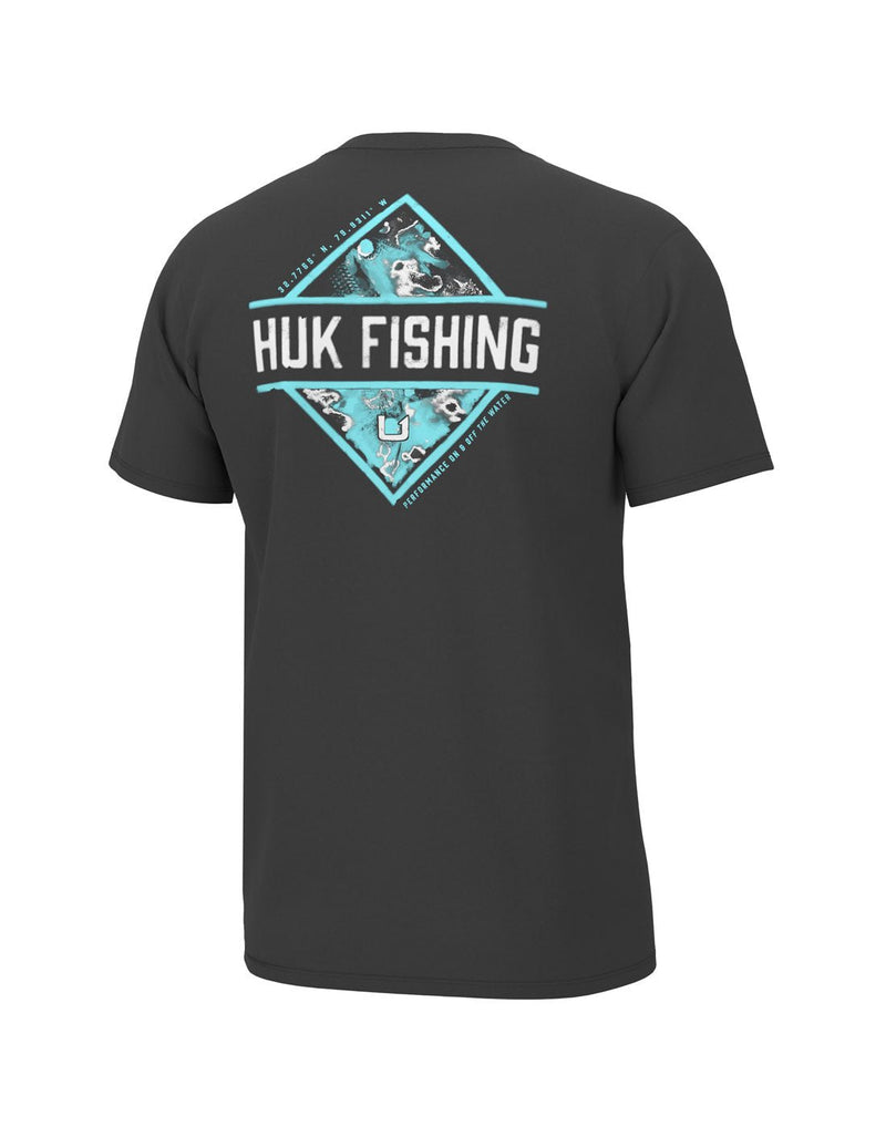 Huk Men's Diamond Flats Tee in volcanic ash dark grey colour, back view with diamond shape in turquoise and white with words HUK FISHING