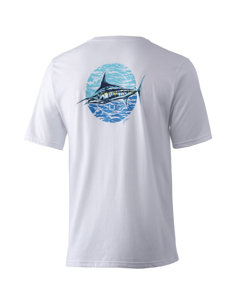 Back view of the Huk Men's KC Marlin Wake Tee in white with image of a marlin fish imprinted between shoulders.
