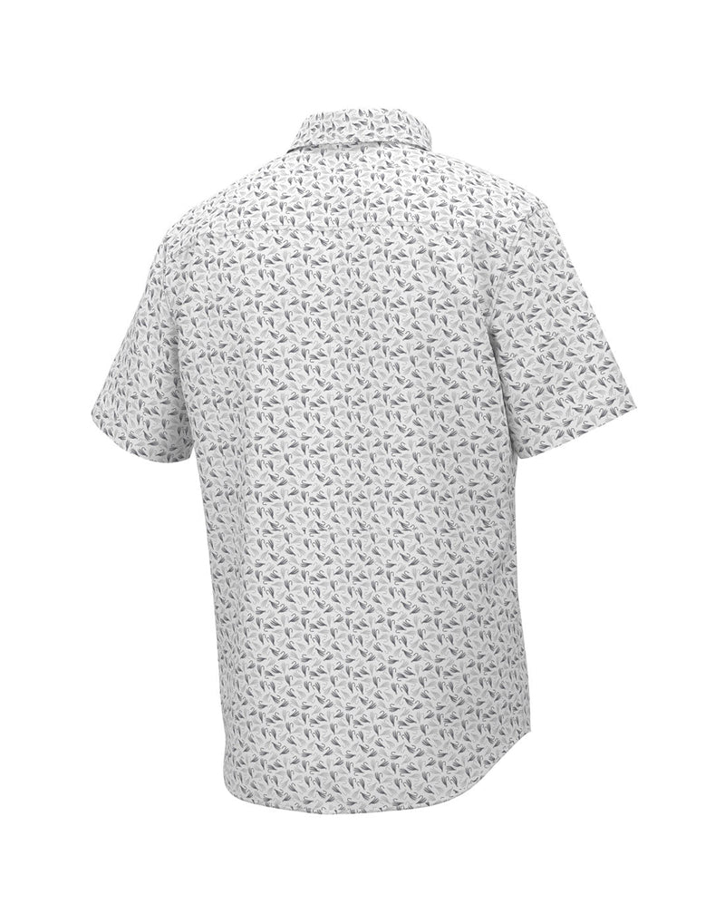 Huk Men's Kona Jig Button-Down Shirt in harbor mist with mini fishing jig pattern, back view