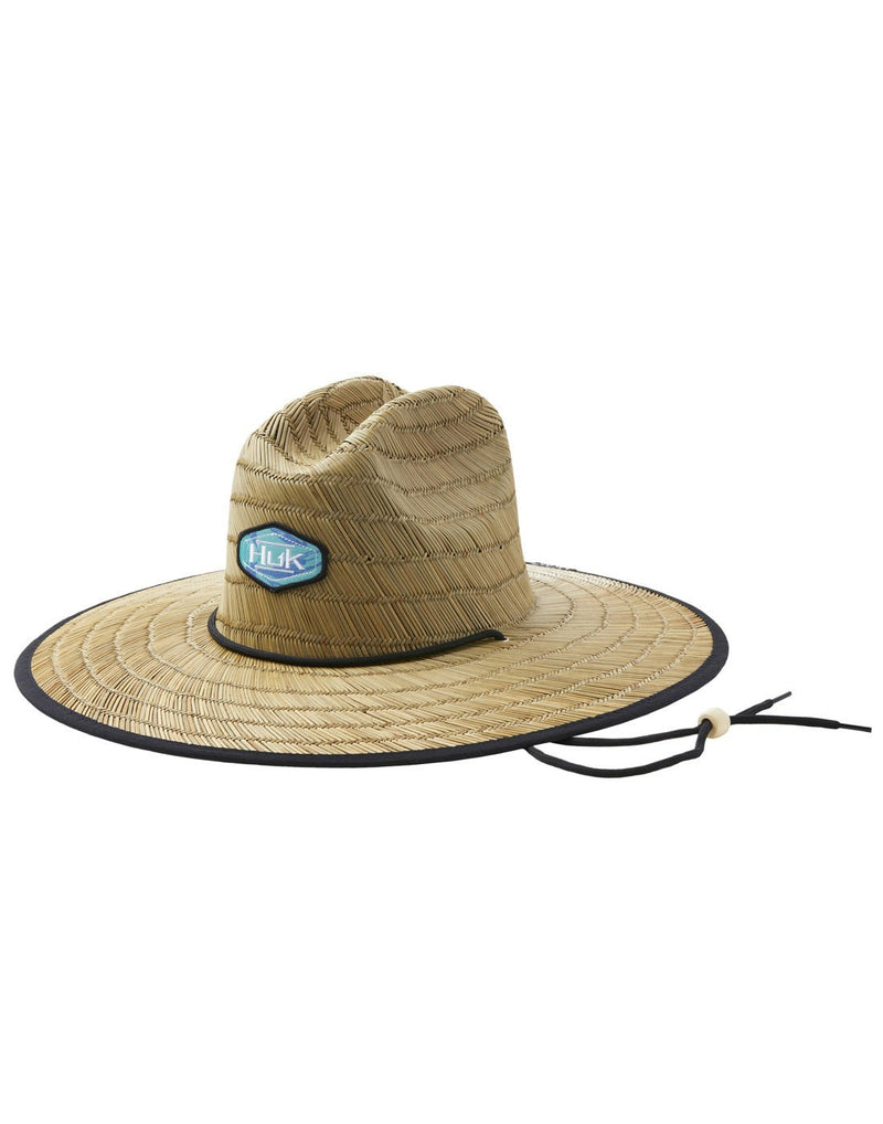 Image of Huk Men's Ocean Palm Straw Hat. Attached to the front is a fabric patch with the Huk logo embossed on an Ocean Palm Beach Glass background colour.
