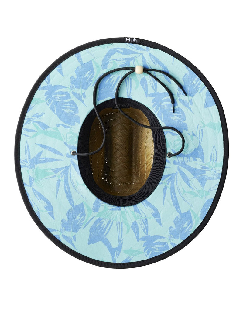 Underside Image of Huk Men's Ocean Palm Straw Hat showing bottom of brim covered with Ocean Palm Beach Glass colour fabric.