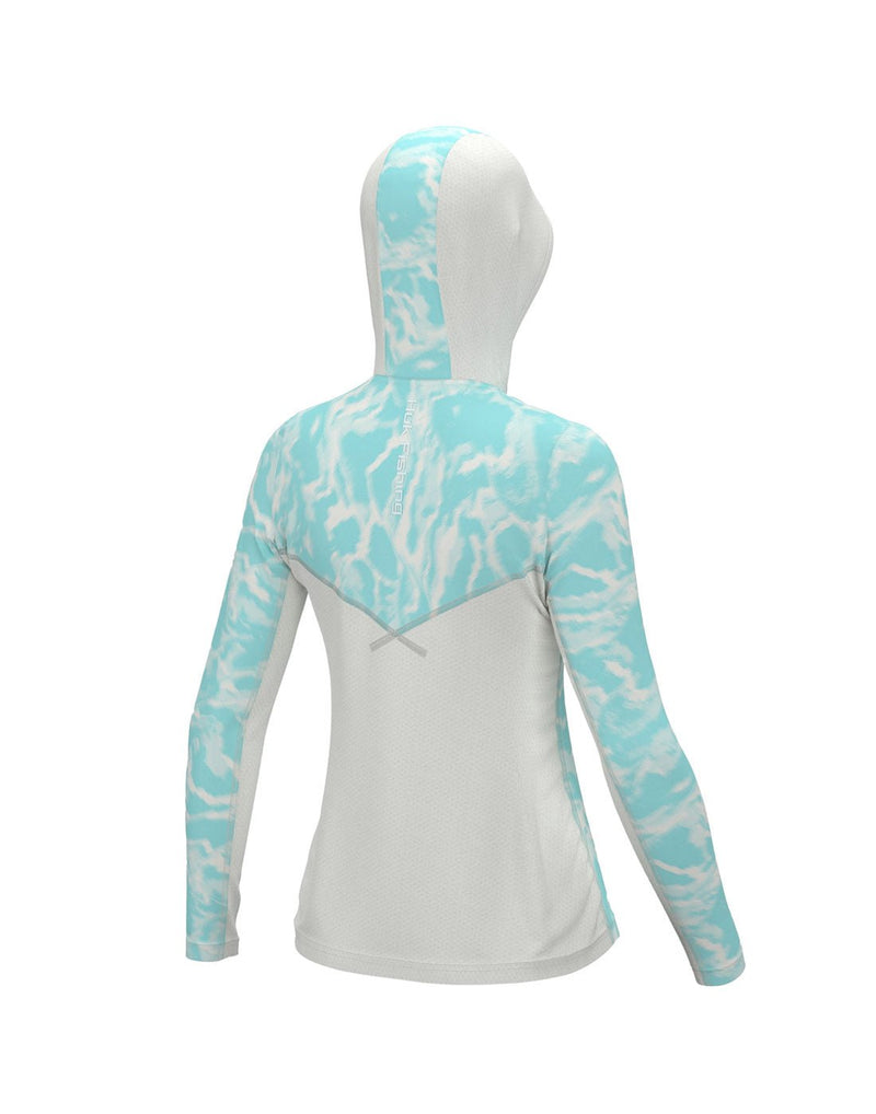 Huk Women's Icon X River Runs 1/4 Zip in turquoise and white water swirl pattern, back view with hood up