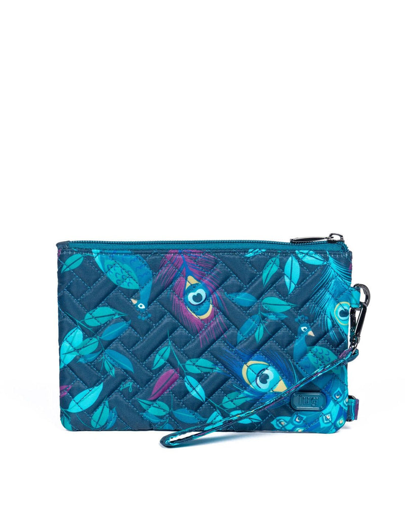 Lug Peekaboo Convertible Wristlet Pouch, blue with turquoise and purple peacock feather design, front view