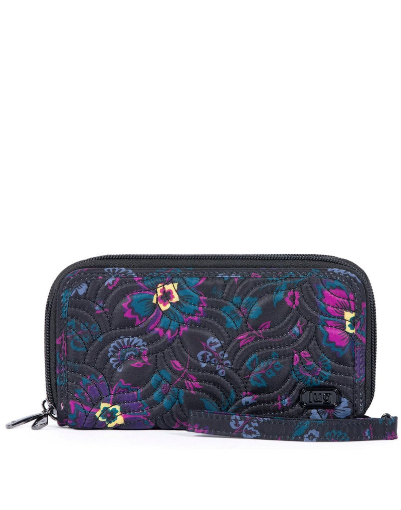 Lug Splits XL Wristlet RFID Wallet in a quilted black with purple and blue floral print, front view