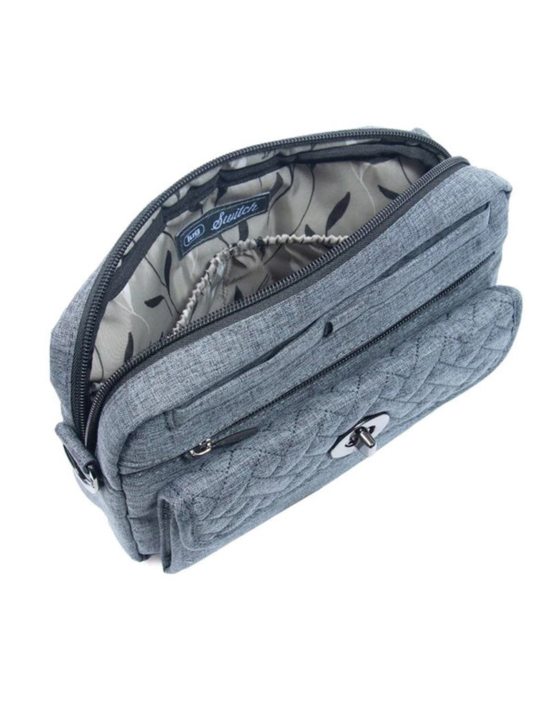 Lug Switch Convertible Crossbody Bag in heather grey, unzipped opened view