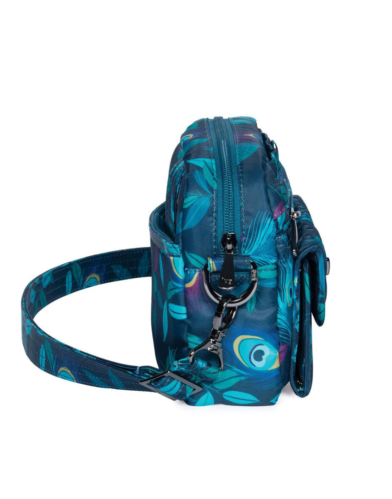 Lug Switch Convertible Crossbody Bag in blue with turquoise green and purple peacocks, side view
