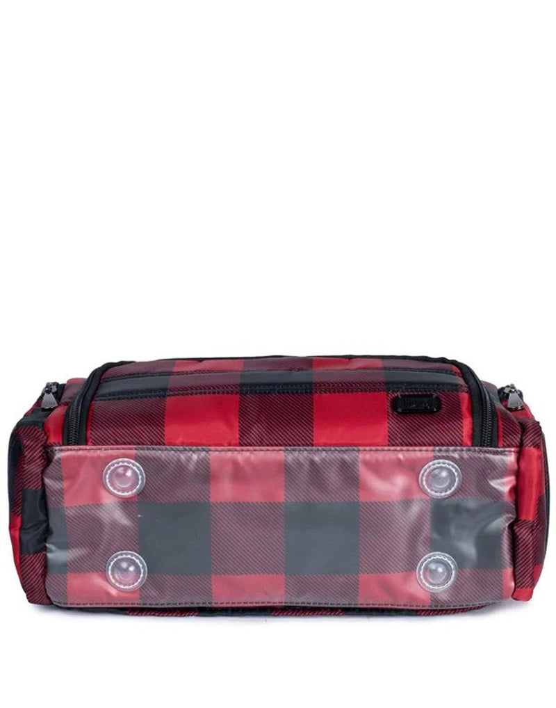 Lug Trolley Cosmetic Case, buffalo check red and black design, bottom view of plastic protection and feet