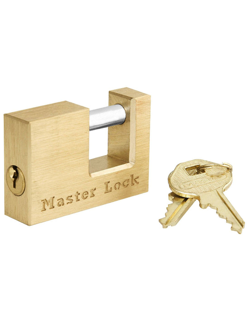 Master Lock® Coupler Latch Lock angled view with keys beside