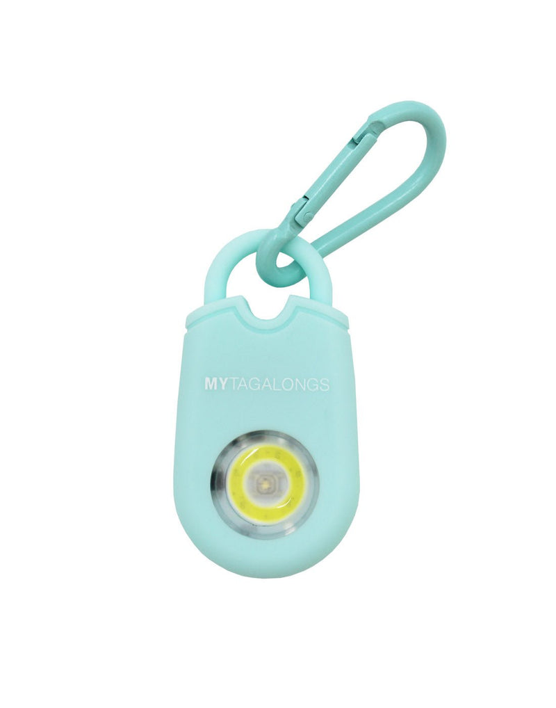 MyTagAlongs Personal Alarm in mint colour, front view of flashing light and matching carabiner attached to loop on top