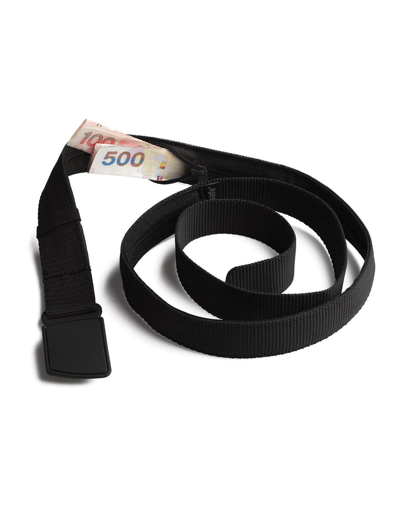 Pacsafe Cashsafe Anti-Theft Travel Wallet Belt in black, coiled loosely with some cash sticking out of secret pocket