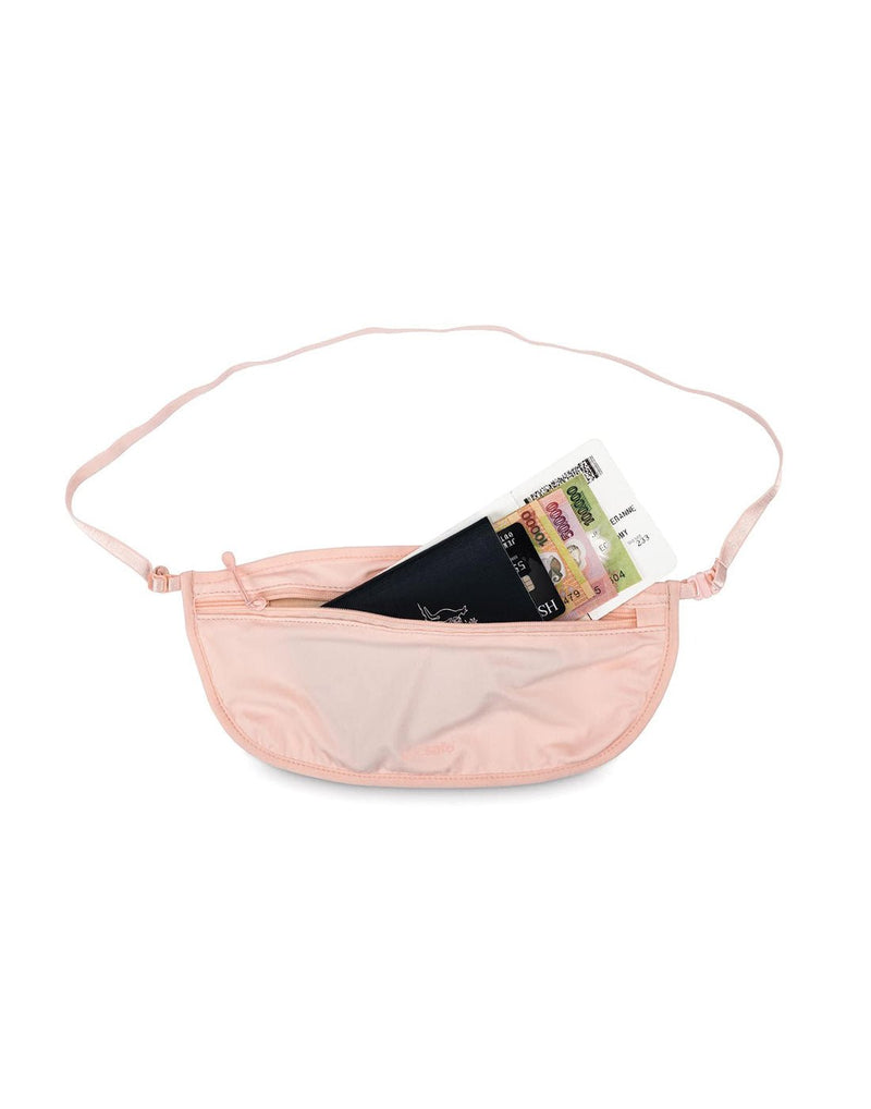 Pacsafe Coversafe® S100 Secret Travel Waist Pouch in orchid pink, unzipped front view with passport and money sticking out
