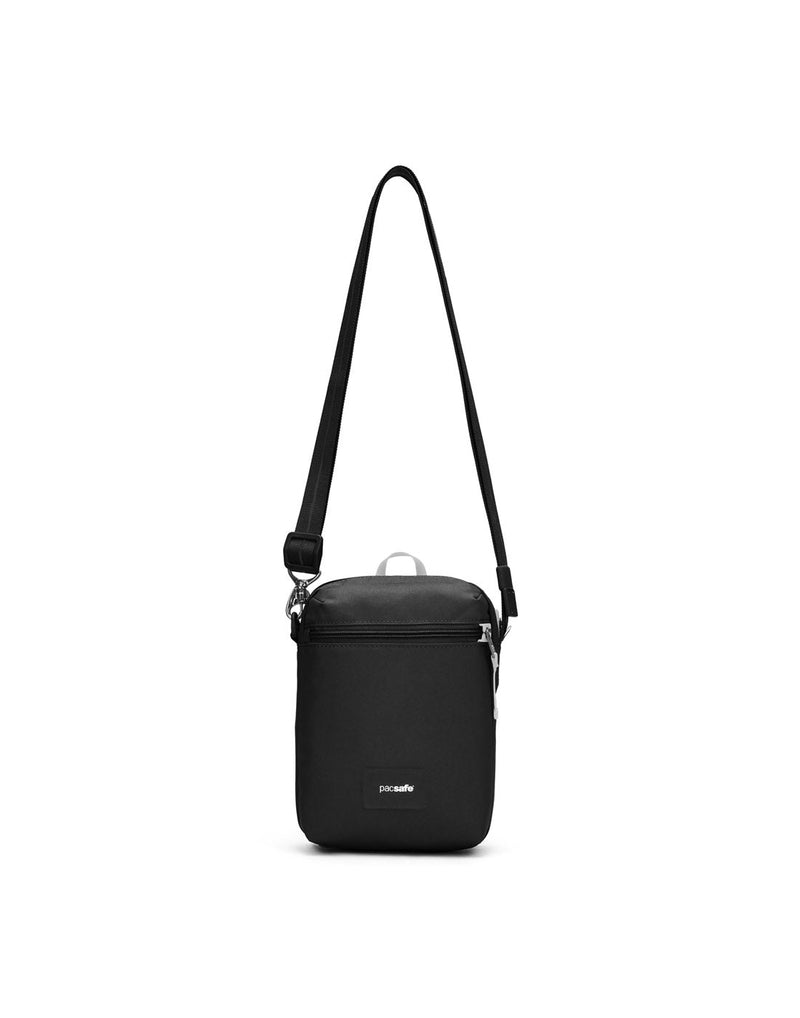 Pacsafe® GO Anti-Theft Festival Crossbody in jet black colour front view with cut-resistant strap extended.