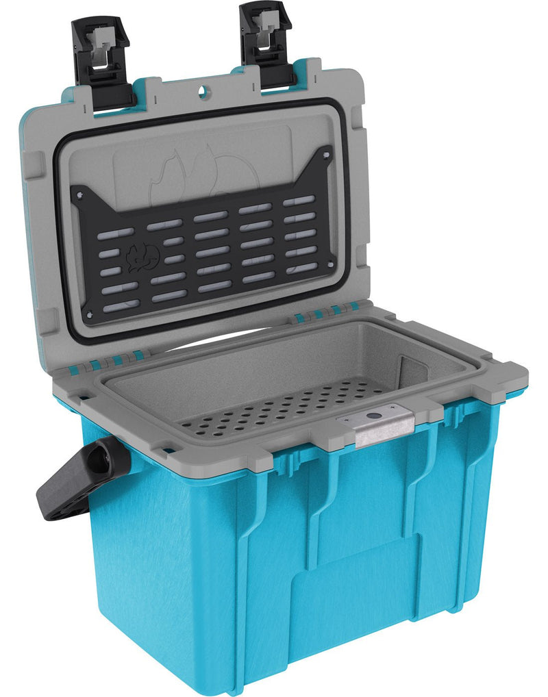 Pelican™ Elite 14qt Cooler in cool blue open to show grey interior with removable inner tray