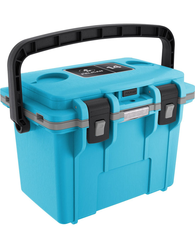 Pelican™ Elite 14qt Cooler in cool blue with grey gasket and black top carry handle and clip closures, front angled view