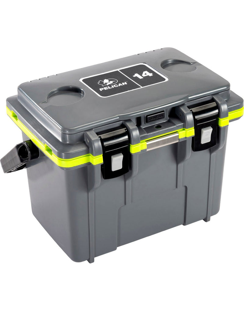 Pelican™ Elite 14qt Cooler in dark grey with lime green gasket and black top carry handle and clip closures, front angled view