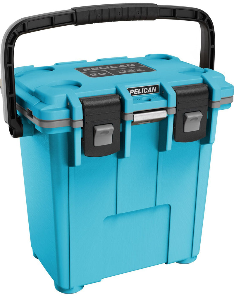 Pelican™ Elite 20qt Cooler in cool blue with grey gasket and black top carry handle and clip closures, front angled view
