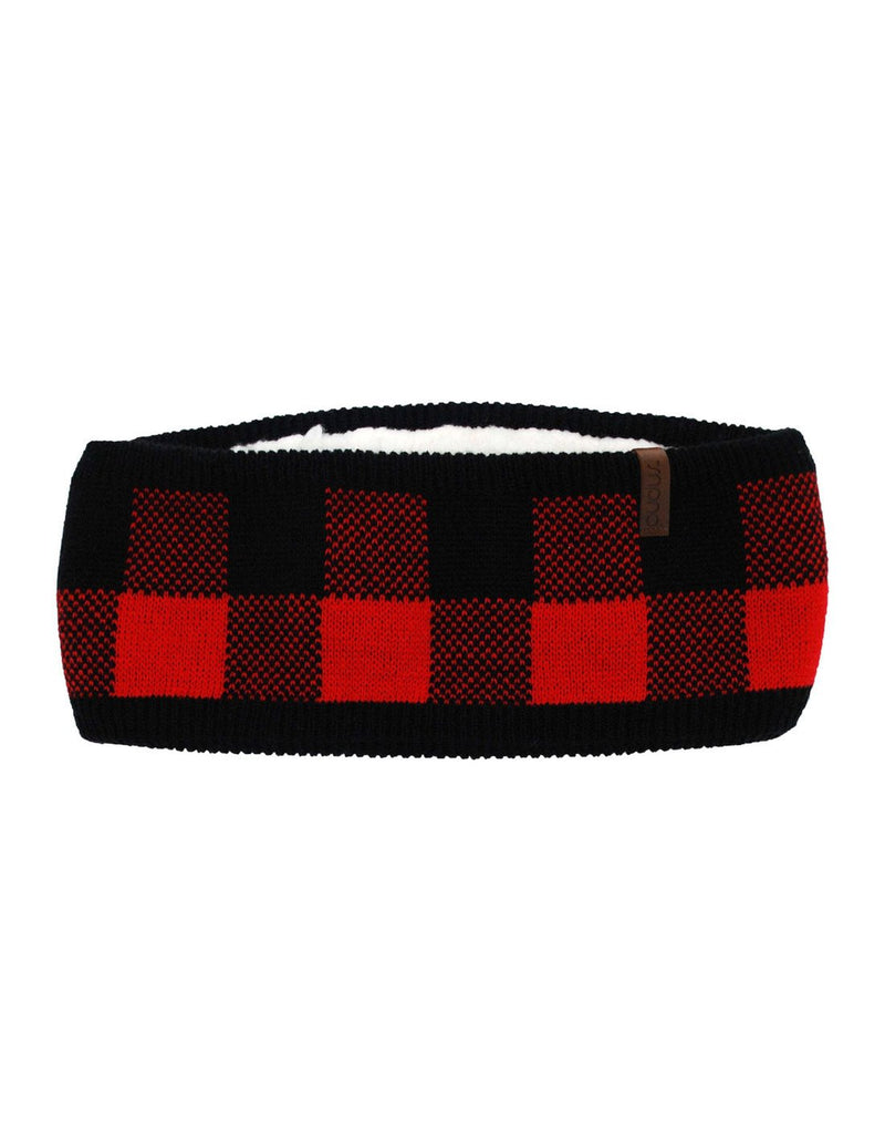 Pudus headband in lumberjack red and black check with black border and white sherpa lining