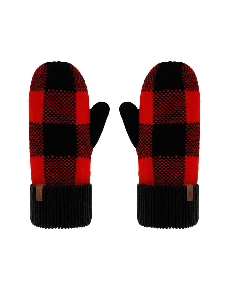 Pudus mittens in lumberjack red and black check with black thumbs and rolled cuffs
