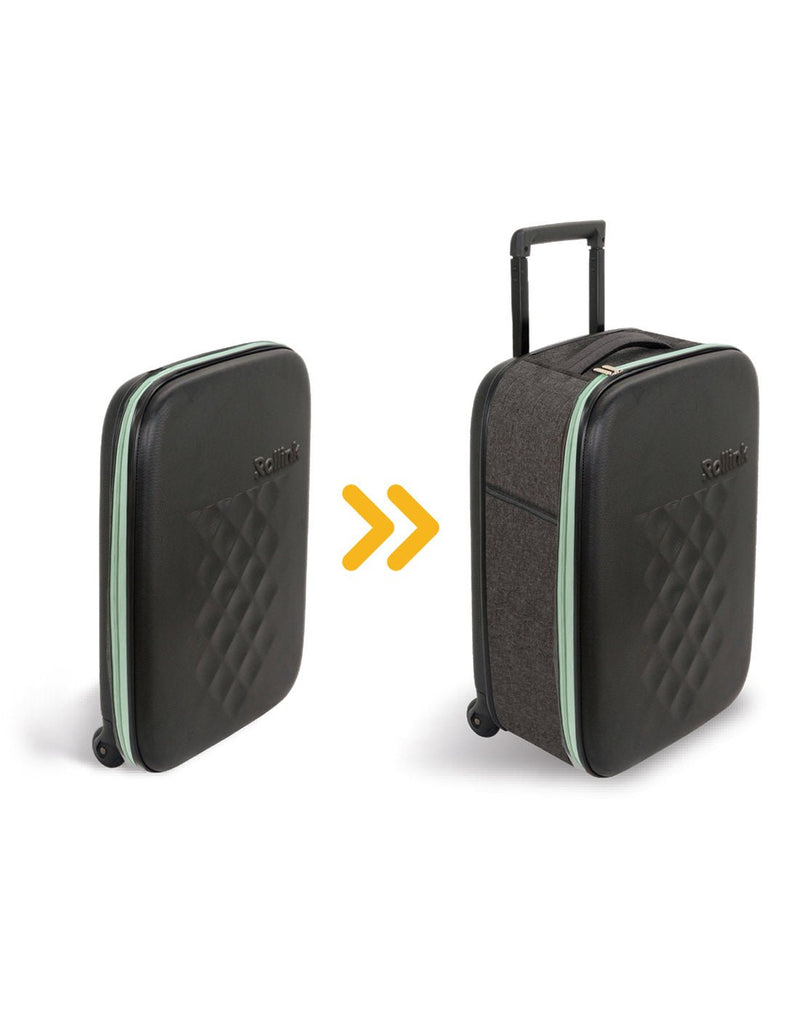 Rollink Flex Earth 20" Carry-On shown folded and open, black hard front, soft charcoal grey sides and top carry handle, and light green zipper