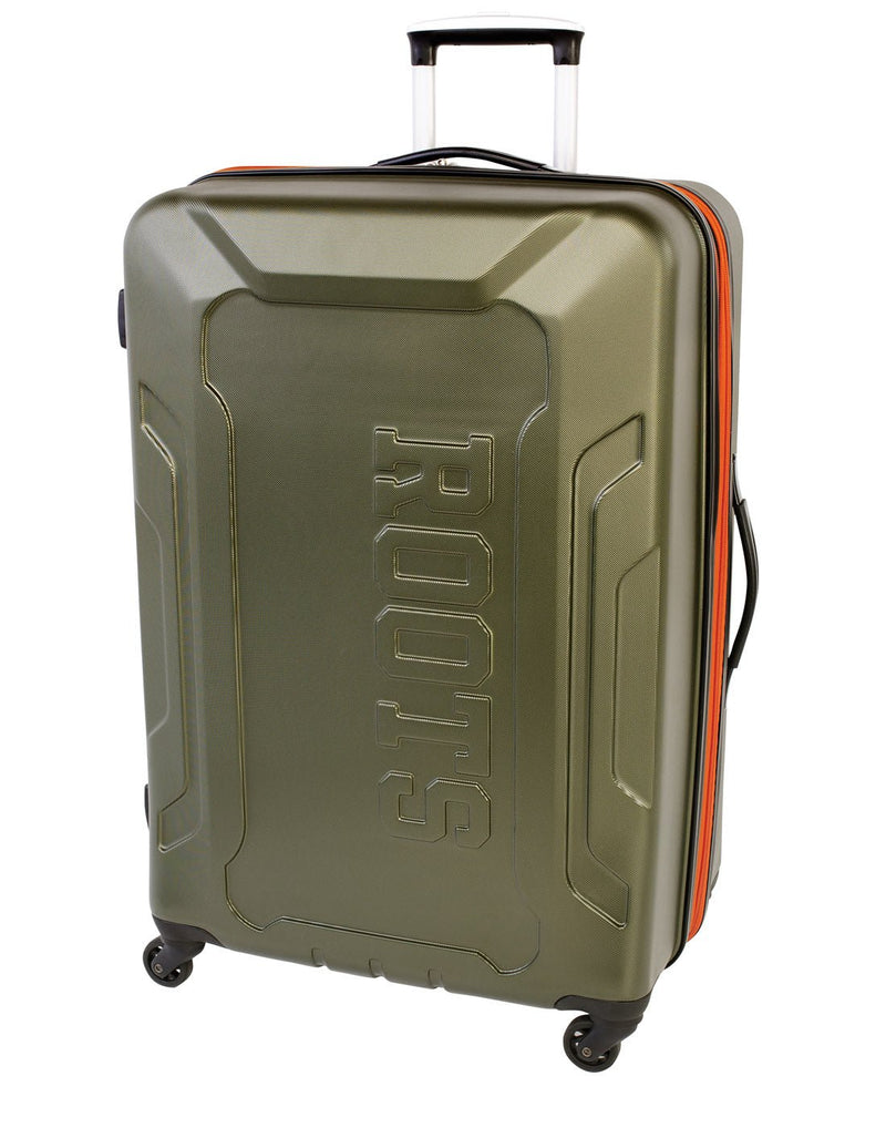 Roots Jasper 28" Hardside Expandable Spinner, olive with embossed Roots name on front and orange zipper, front angled view