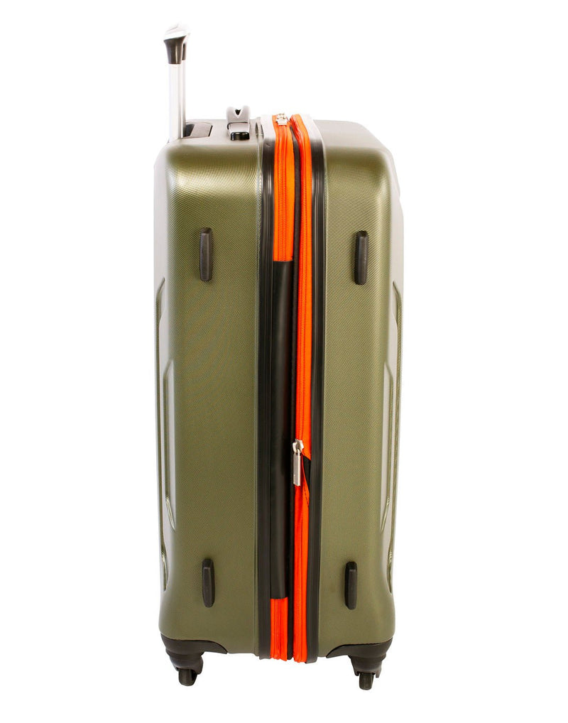 Roots Jasper 28" Hardside Expandable Spinner, olive with orange zipper, side view with rubber feet