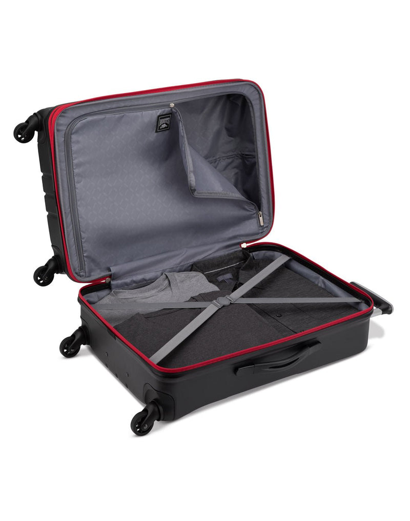 Roots Jasper 28" Hardside Expandable Spinner, black with red zipper, open view with clothes packed inside