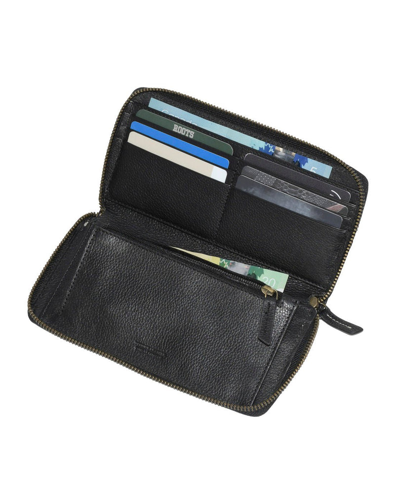Roots Slim Zip Around Bifold Leather Wallet, black, inside view with cards and money inside