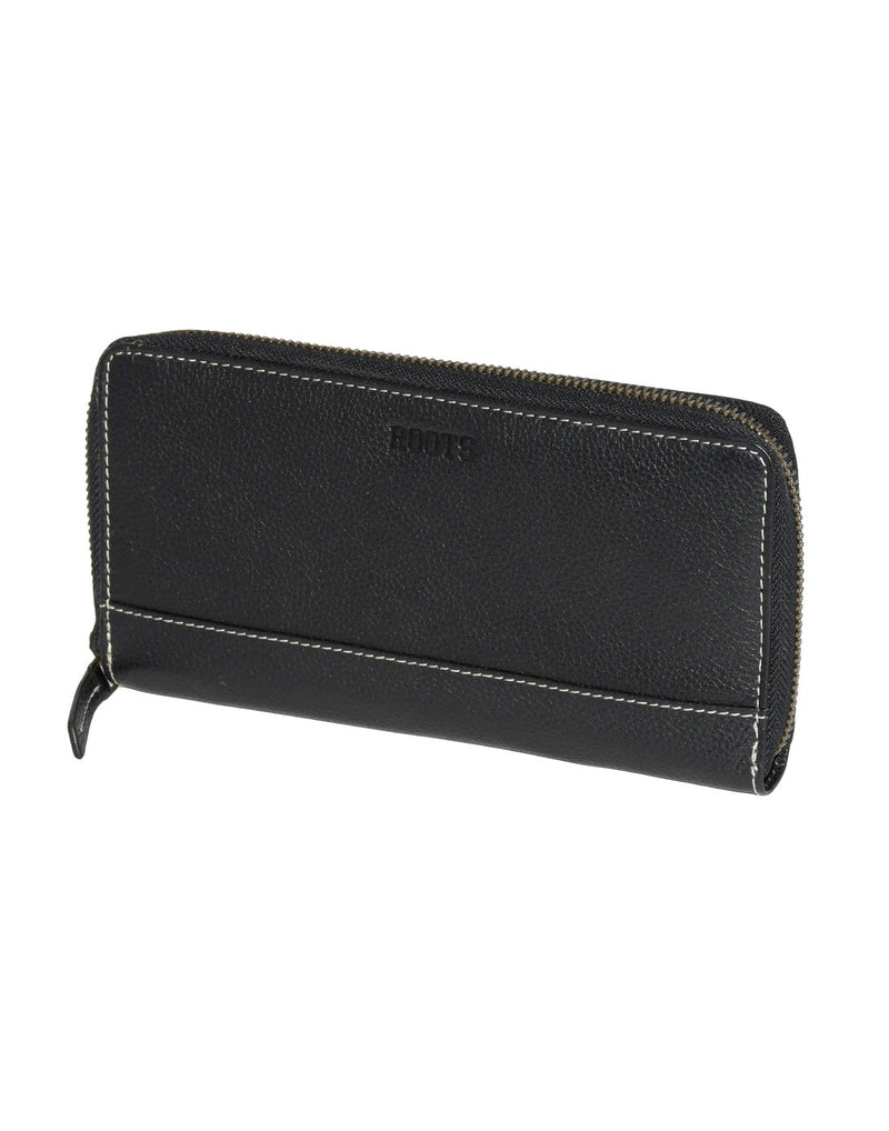 Roots Slim Zip Around Bifold Leather Wallet, black, front angled view