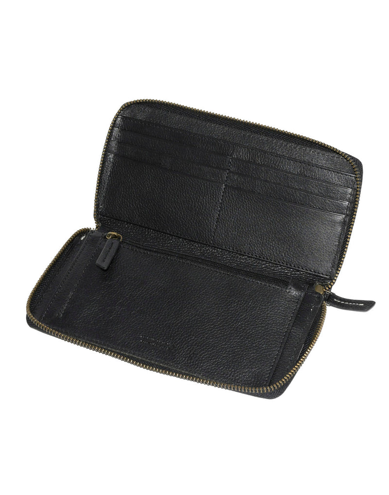 Roots Slim Zip Around Bifold Leather Wallet, black, inside view of card slots on one side and a zippered pocket on the other side