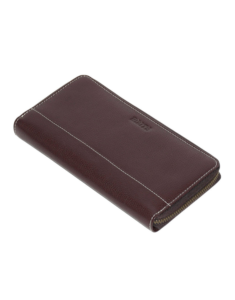 Roots Slim Zip Around Bifold Leather Wallet, merlot colour, front view, laying down