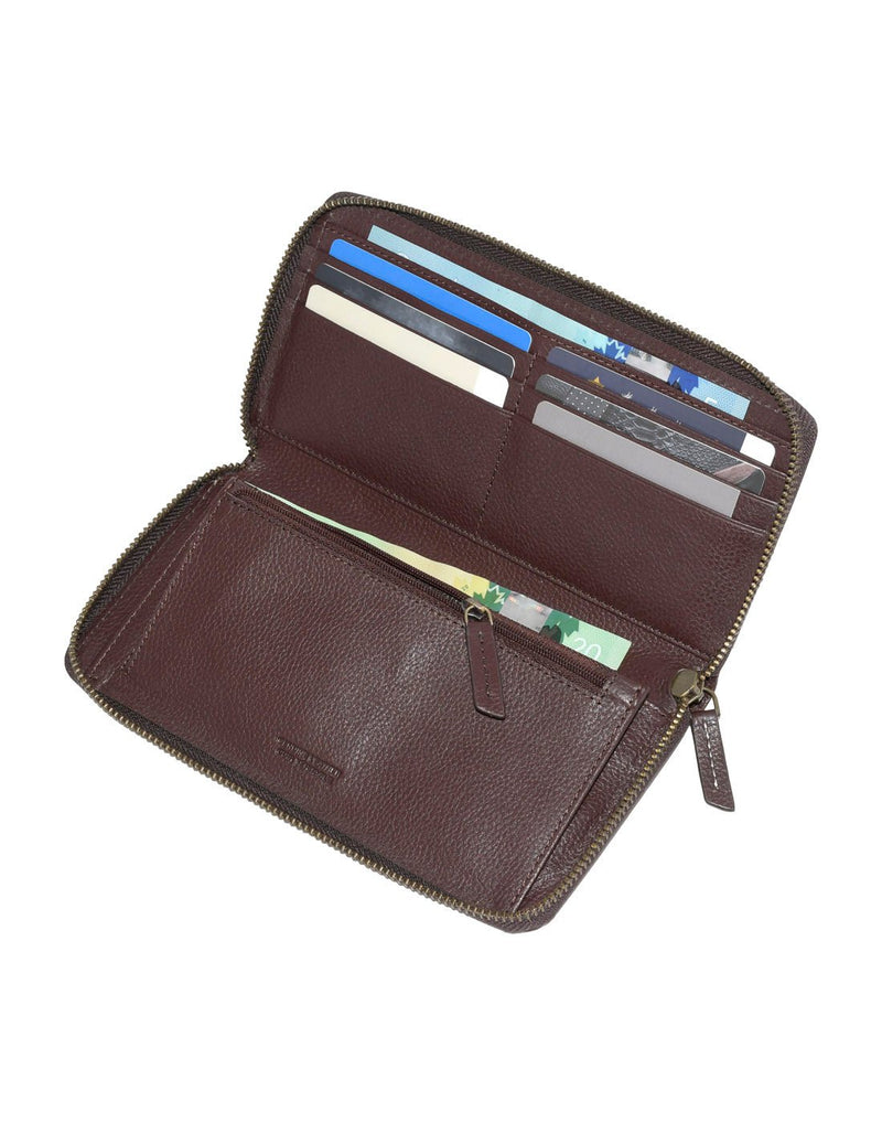 Roots Slim Zip Around Bifold Leather Wallet, merlot colour, inside view with cards and money inside