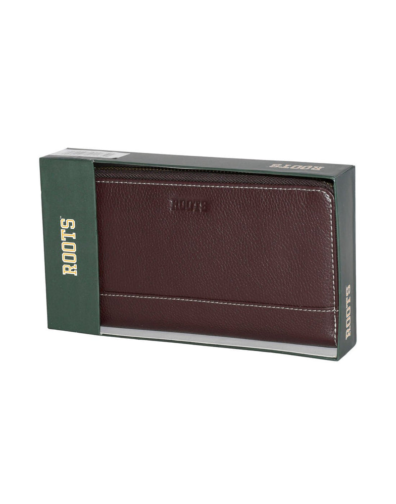 Roots Slim Zip Around Bifold Leather Wallet, merlot colour, front boxed package view