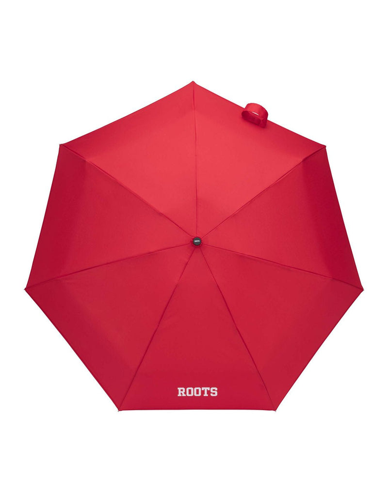 Roots Ultra Light Mini Umbrella, red, open top view with white Roots name logo on one panel