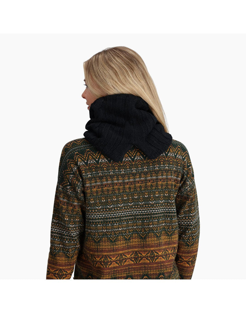 Back view of a woman wearing the Royal Robbins Baylands Cowl Scarf in Jet Black.