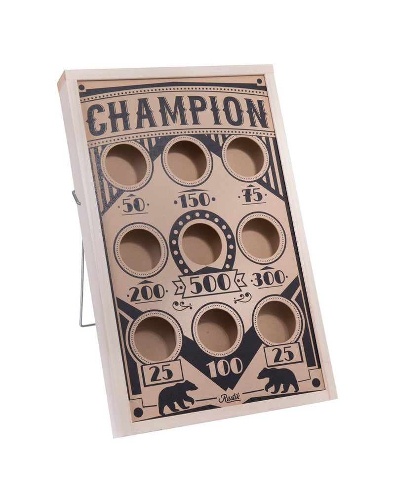 Rectangular wooden board with metal prop in the back.  3 rows of 3 holes cut out, each with a points value below.  The word CHAMPION written on the top and two polar bears on the bottom.