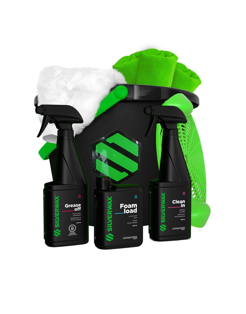 Silverwax Cleaning Kit - Grease off spray bottle, Clean in spray bottle, Foam load jug, cleaning mitt, three microfibre cloths and bucket with strainer