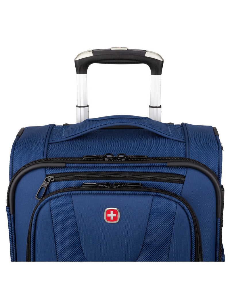 Close up of top half of the Swiss Gear Neolite III 19" Carry-on Spinner in blue, front view