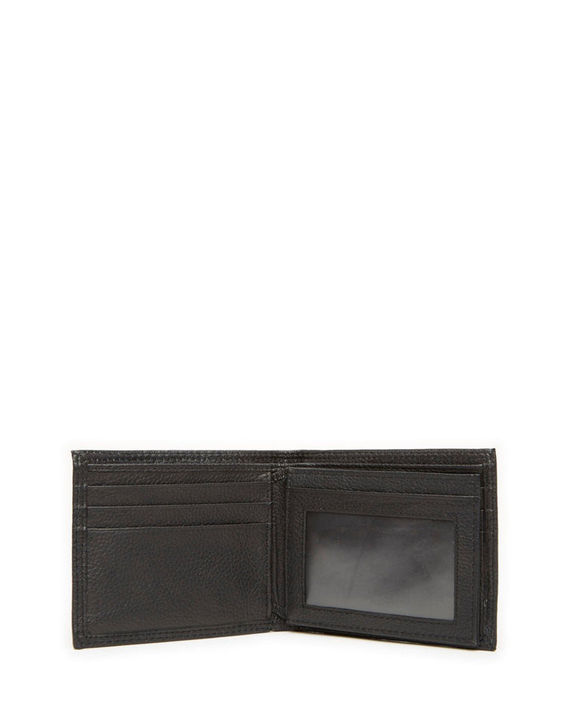 Swiss Gear RFID Billfold Men's Wallet with Centre ID Wing, black, open view to clear ID slot on wing