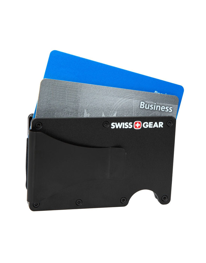 Swiss Gear Slim Aluminum RFID Card Wallet shown with two credit cards in it
