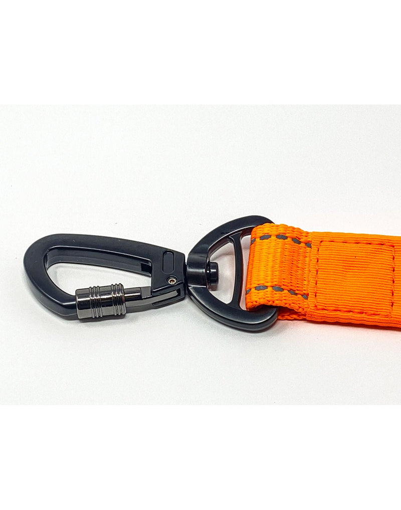 Close-up of the leash clip that is designed  so it can also be used on an automobile belt buckle