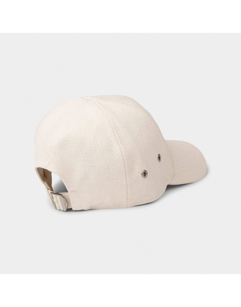 Tilley Hemp Baseball Cap in natural colour, back angled view with two silver grommets on right side of crown