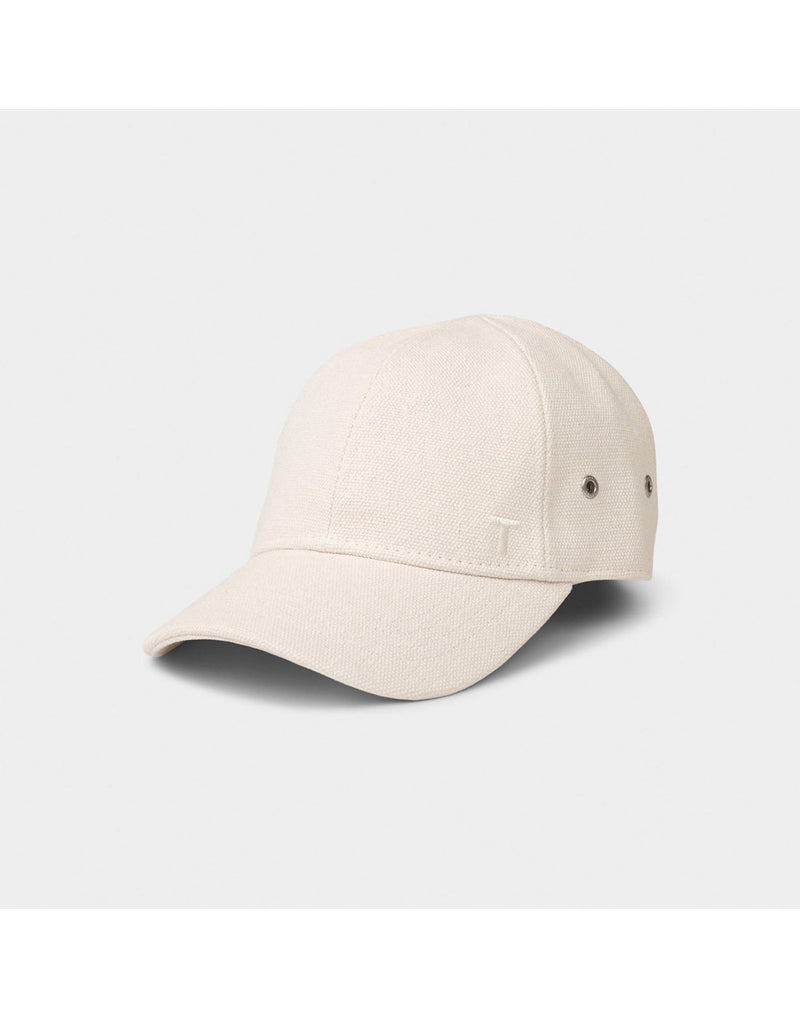 Tilley Hemp Baseball Cap in natural colour, front angled view.  Small embroidered T on right side of crown just above bill, two silver grommets on right side of crown