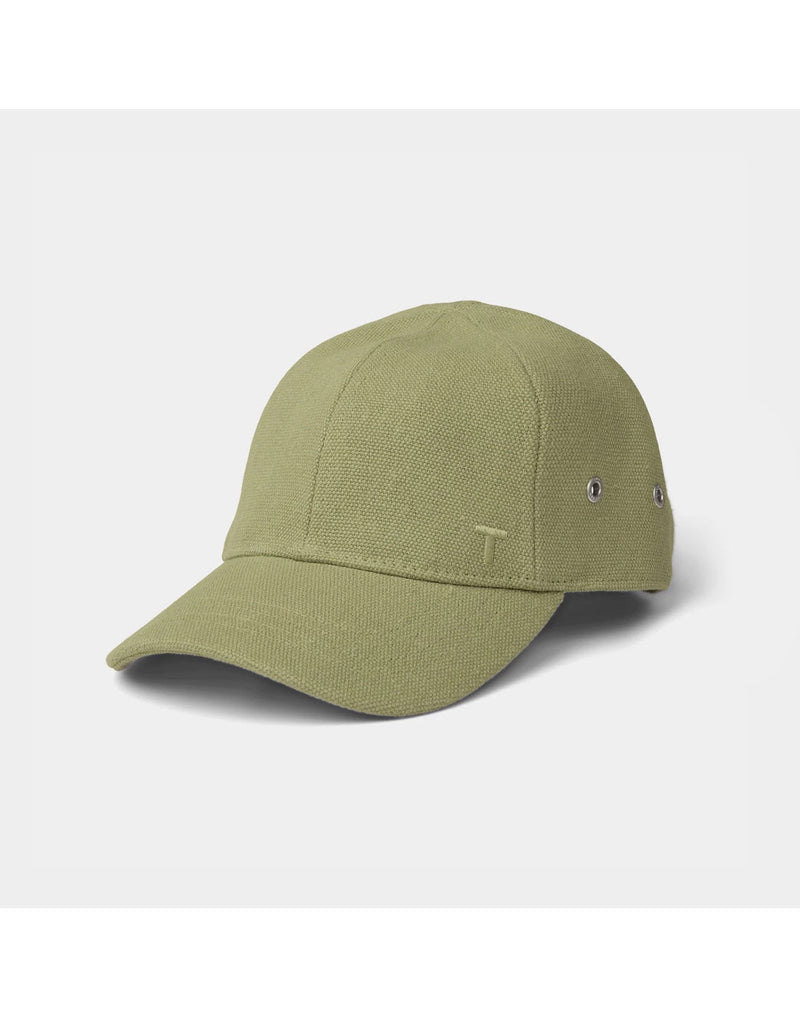 Tilley Hemp Baseball Cap in light olive colour, front angled view. Small embroidered T on right side of crown just above bill, two silver grommets on right side of crown
