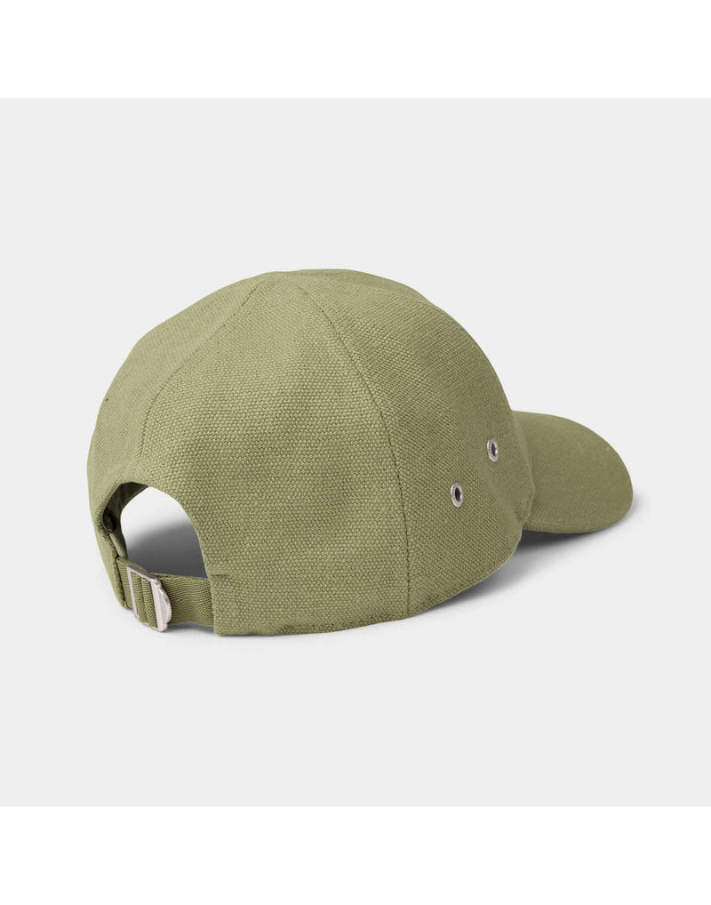 Tilley Hemp Baseball Cap in light olive colour, back angled view with two silver grommets on right side of crown