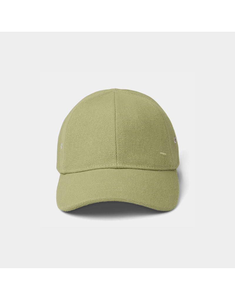 Tilley Hemp Baseball Cap in light olive colour, front view with small embroidered T on right side of crown just above bill