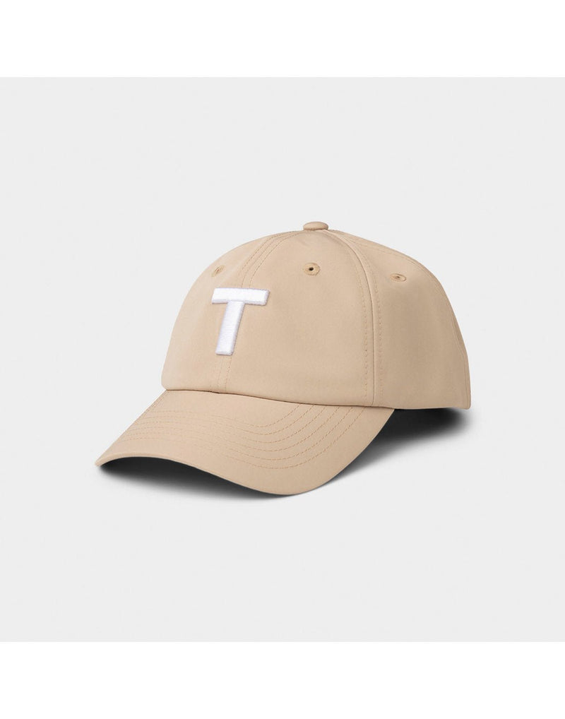 Tilley T Golf Cap in light tan with large white T on front, front angled view